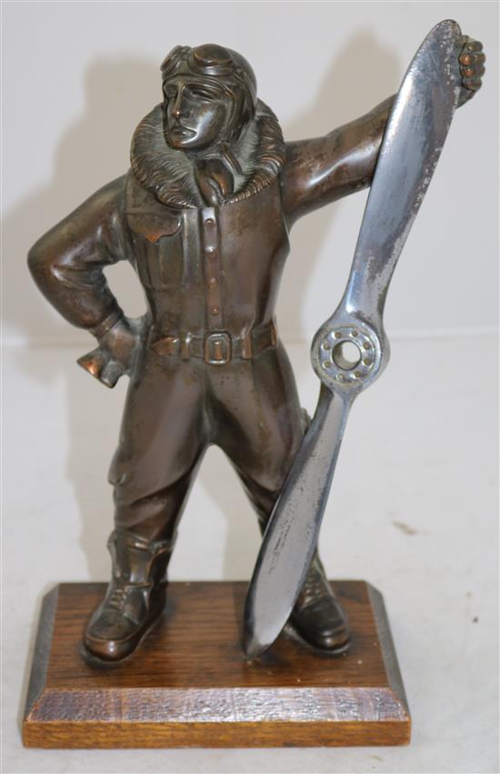 An Art Deco bronzed and chrome plated spelter aviator figural lighter, 10.75in.